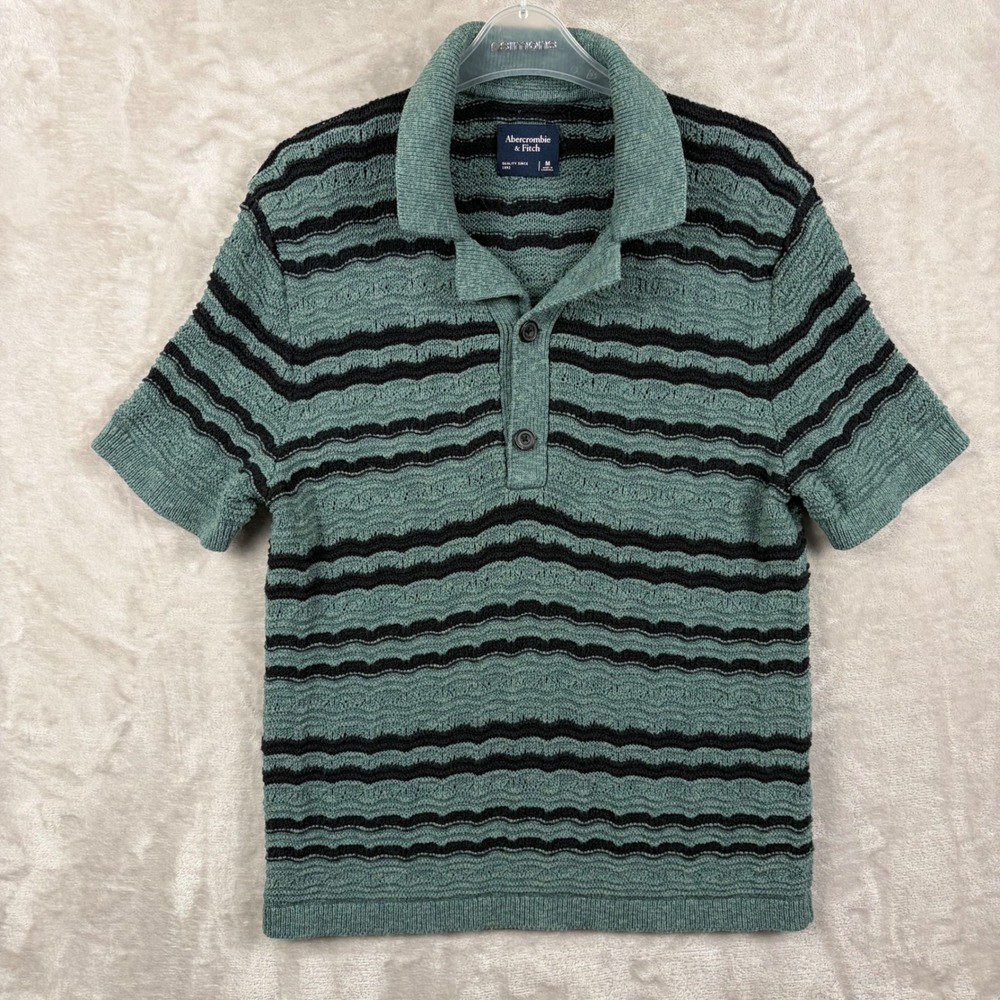 Abercrombie & Fitch Camp Collar Men M Stripe Knit Sweater Polo Sage Green Black